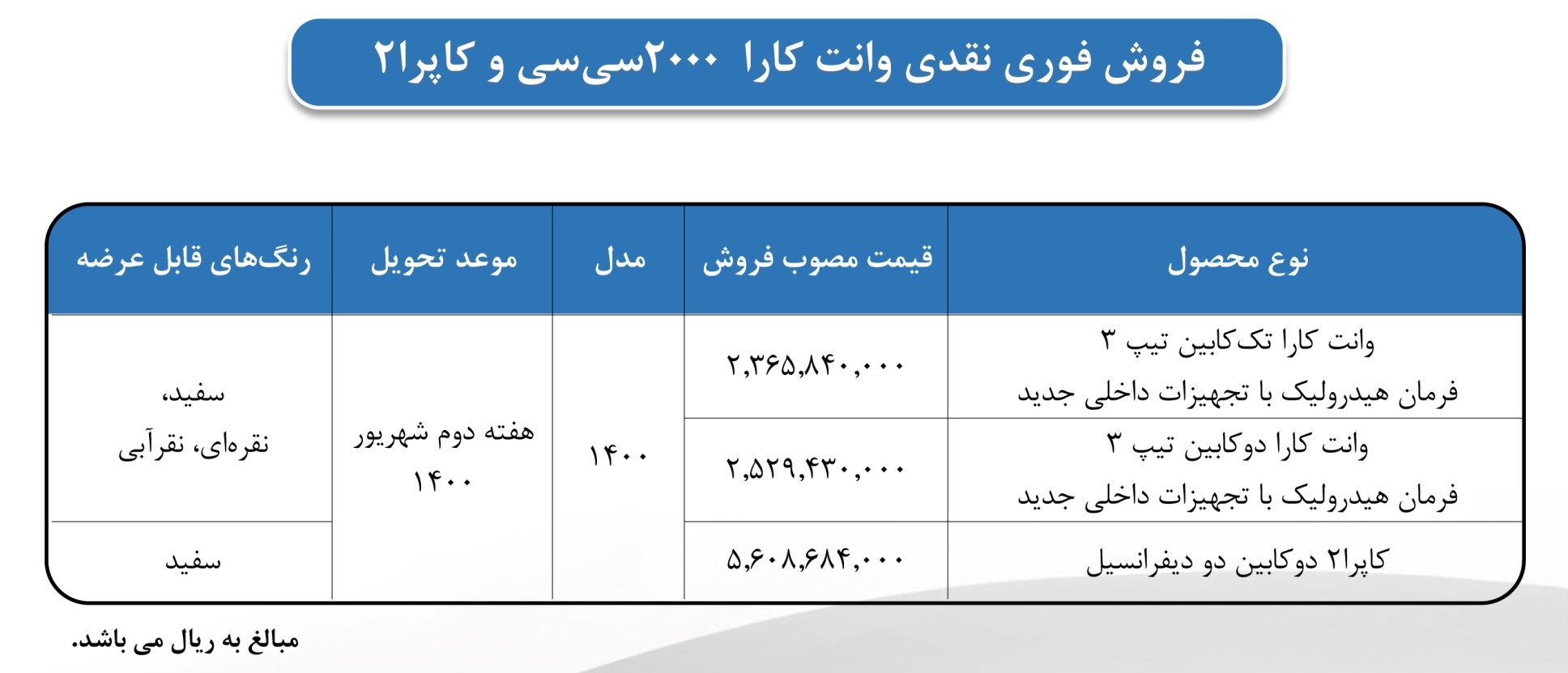 فروش فوری وانت کارا 2000 سی سی و کاپرا دو کابین آغاز شد