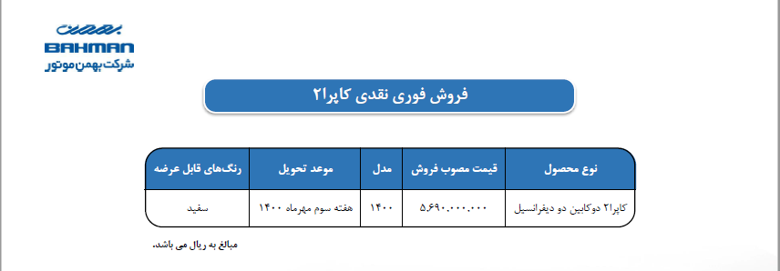 شرایط فروش کارا ۲۰۰۰ سی سی و کاپرا دو کابین اعلام شد