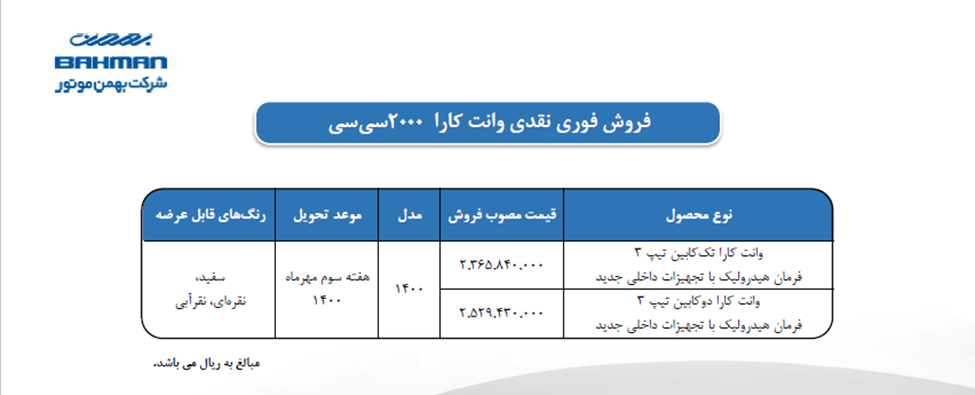 شرایط فروش کارا ۲۰۰۰ سی سی و کاپرا دو کابین اعلام شد